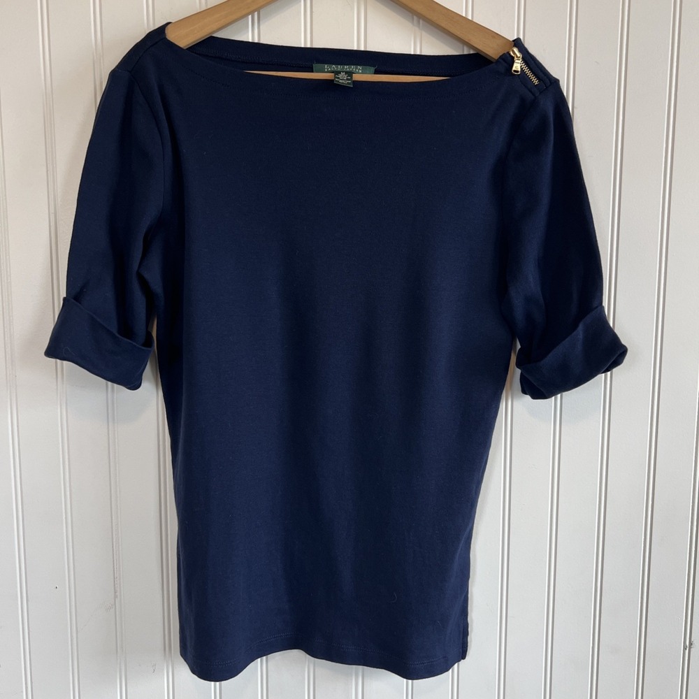 Lauren Ralph Lauren Shirt Womens Medium Blue Boat Neck Top Roll Sleeve